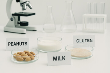 Quality control lab with allergen test materials for food safety. Labeled peanut, milk, and gluten on clean table, with sterile tone for serious scientific analysis