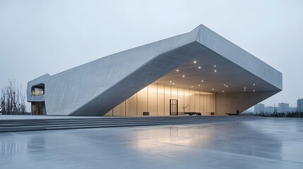 Striking modern architecture featu angles and clean lines reflecting in the wet plaza outdoors.