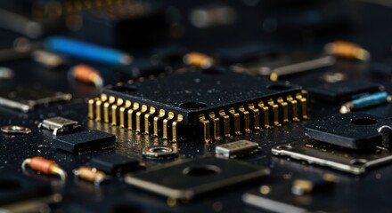 Detailed macro close-up of many minuscule electronic components and various disassembled machine parts scattered randomly ,close up ,debris ,information
