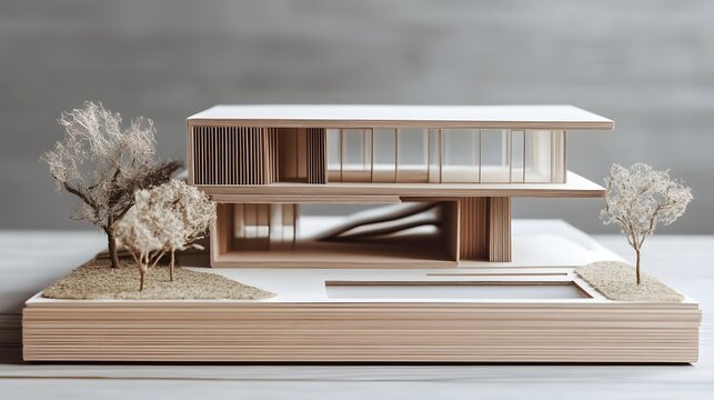 Architectural model showcasing a modern minimalist house design with clean lines and natural landscaping elements.