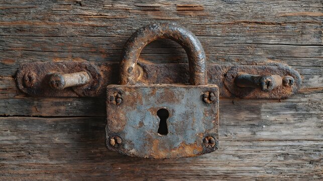 Heavily corroded metal padlock secures aged wooden surface with strong fastening hardware - Powered by Adobe