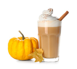 Glass of hot pumpkin latte with whipped cream and cinnamon on white background