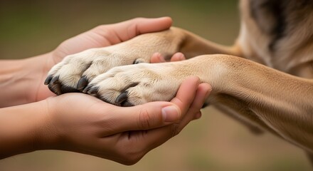 a person's hands gently holding the paws of a dog. The dog is a visibly older or uniquely marked rescue dog,thankful for day.