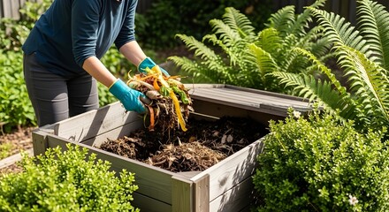 A farmer or gardener is captured working with hands among vegetable plants in a summer garden, highlighting nature and organic agriculture