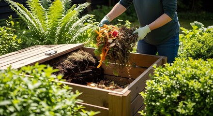 A woman planting flowers in a spring garden shows fresh growth and the beauty of nature