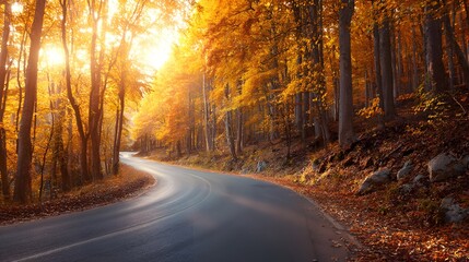 Obraz premium Winding asphalt road travels through a dense forest bathed in bright autumn sunlight