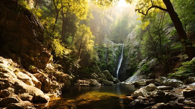 Sunlight streams through dense forest canopy illuminating a secluded waterfall cascading into a clear pool