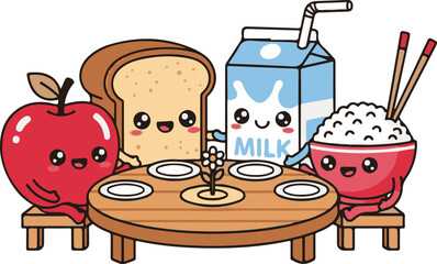 Cartoon Food characters sharing meal in unity. Friends symbolizing peace and equality. Human Rights Day