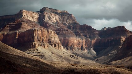 Immense layered rock formations dominate a rugged canyon landscape under a dramatic sky