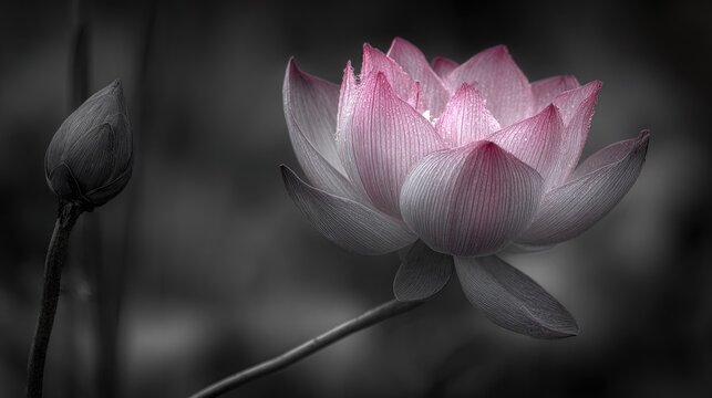 Delicate pink lotus blossom stands open beside a closed bud against a muted background - Powered by Adobe
