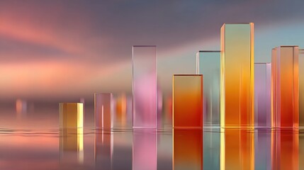 Transparent rectangular structures reflect against a sunset sky