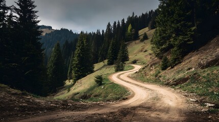 Naklejka premium Winding dirt road ascends a steep, forested hillside under a dramatic sky