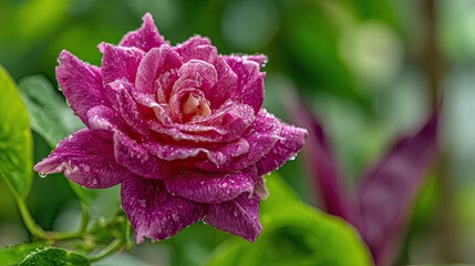 Vibrant magenta flower covered in delicate water droplets rests amidst lush greenery