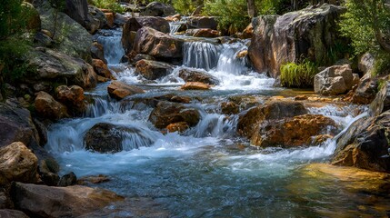 Clear rushing water cascades over numerous smooth rocks within a lush natural setting