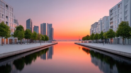 Naklejka premium Modern High Rise Buildings Silhouetted Against a Vibrant Sunset Sky Reflecting on Calm Water Along a City Canal Lined with Trees and Paved Walkways
