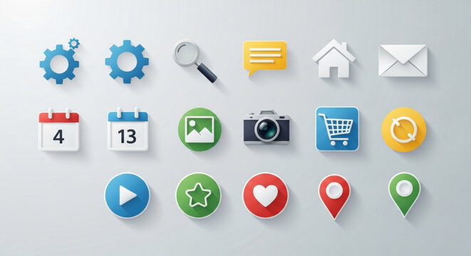 Collection of colorful app icons with shadow effect on a light gray background, offering a modern and userfriendly interface design element