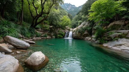 Naklejka premium Serene Natural Waterfall Cascading Into A Crystal Clear Turquoise Pool Surrounded By Lush Green Forest And Rocky Outcrops In Daylight