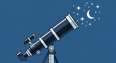 Illustration of a telescope pointing towards the moon and stars on a dark blue background, symbolizing exploration, discovery, and astronomical observation