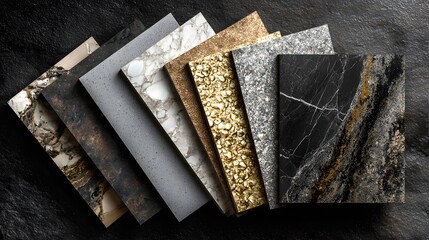 Selection of premium surfacing material samples displayed diagonally over a dark textured background