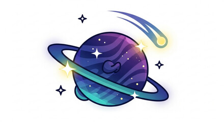 Cartoon planet with ring and comet, a whimsical illustration of space and celestial bodies for kids and astronomy enthusiasts