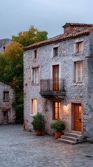 Old Grey Brick Building Facade with Red Tiled Roof and Small Balcony Under Moody Overcast Sky with Warm Interior Light Emanating from Windows and Doorway Illuminated by Soft Outdoor Lamps