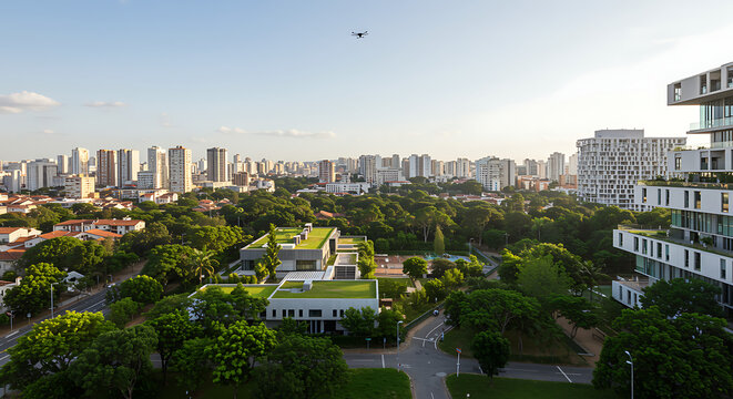 Aerial view of cityscape with green rooftops trees and a drone flying in a clear blue sky above the city - Powered by Adobe