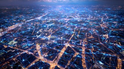 Illuminated metropolitan area displays an intricate overlay of glowing blue digital connections during twilight hours
