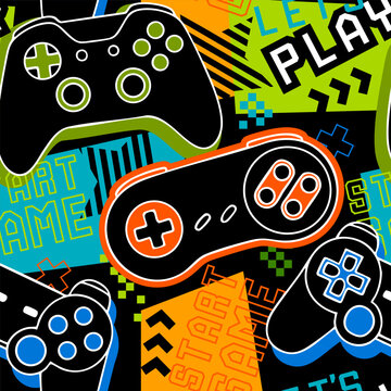 Seamless abstract pattern with joysticks game. Bright colorful vector Print for boys on black background