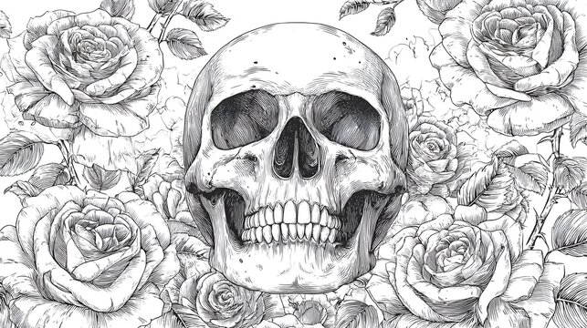 Detailed black and white illustration depicts a human skull surrounded by blooming roses