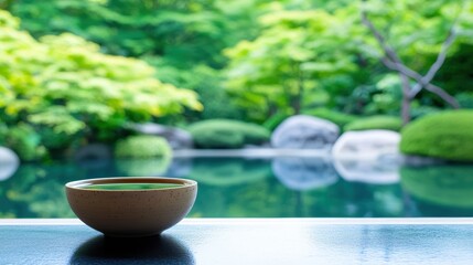 Oriental Traditional tea ceremony taking place in a serene oriental garden, emphasizing grace and culture.