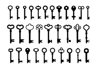 Antique and vintage key silhouettes. medieval and classic black key vector elements symbolizing access, privacy, freedom, and old-fashioned design concepts for decoration and illustration.
