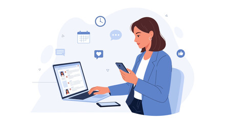 Woman Multi-Tasking With Technology: Laptop, Smartphone, Communication And Social Media