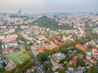 Qingdao cityscape of old town and new town, between Signal Hill and Zhongshan Park, China