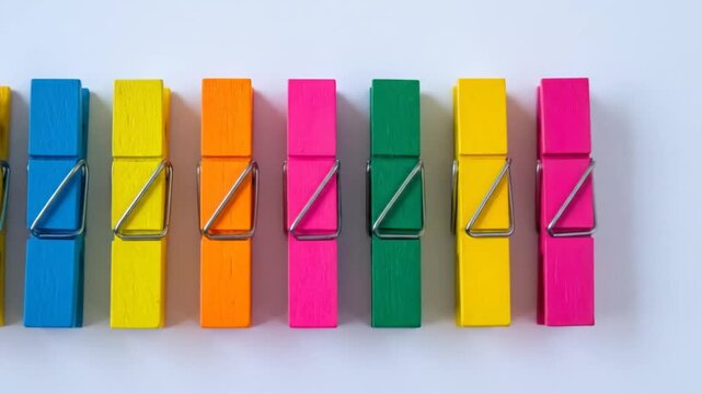 Colorful Wooden Clothespins Lined Up Uniformly on a Clean White Background Showing Vibrant Hues and Metal Spring Mechanisms