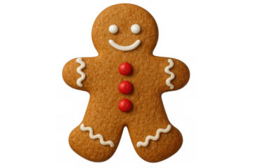 Gingerbread man cookie with red button details and white icing smile, representing christmas and holiday baking traditions on transparent background