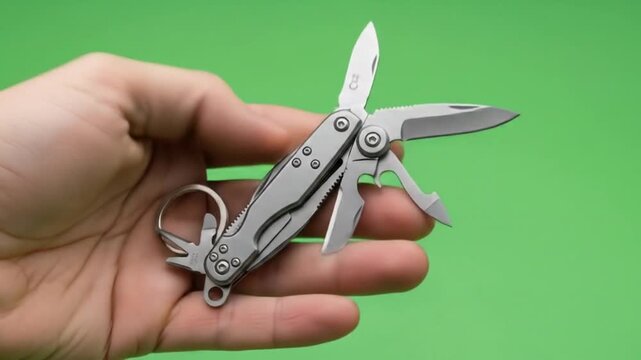 Hand Opening a Metallic Multi-Tool Pocket Knife on Green Screen