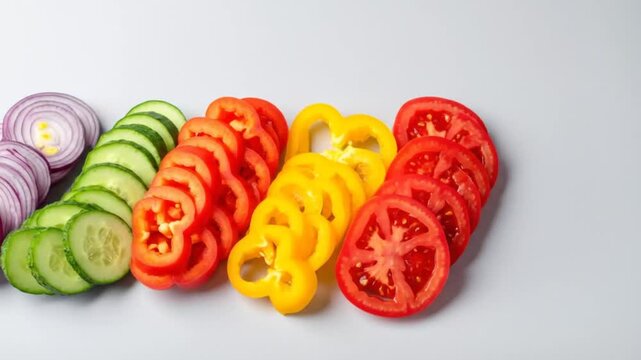 Freshly Sliced Raw Vegetables Arranged in a Colorful Row on a Light Surface With Water Droplets