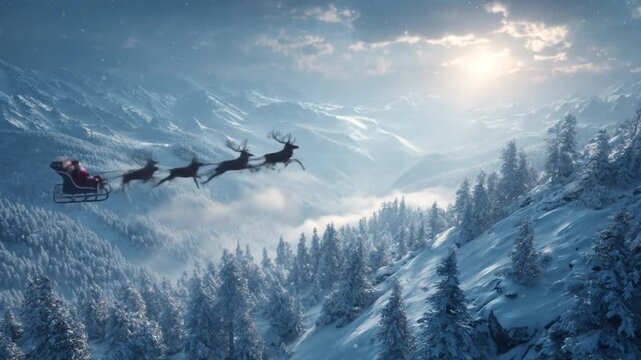 Snowy alpine forest swathed in blue twilight as a helicopter glides above the ridge under blue dawn