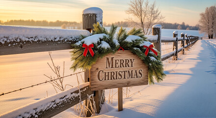 Merry Christmas wooden sign on a rustic fence in a snowy winter landscape at sunrise.
