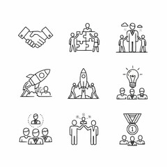 Fototapeta premium Business success and partnership thin line icon set.