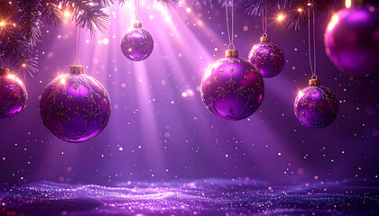 Festive purple Christmas ornaments hang from fir branches, illuminated by shimmering light rays and falling bokeh particles, creating a magical holiday atmosphere.