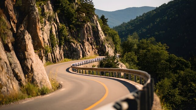 Winding mountain road curves sharply alongside massive rock face bordered by dense forestation