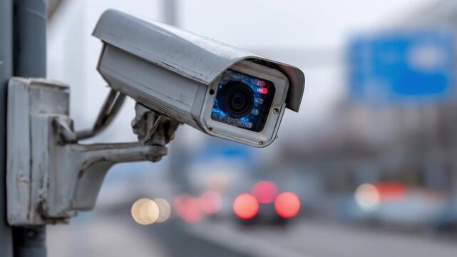Sleek outdoor security camera mounted on a street pillar; blurred cars streak by in the background.