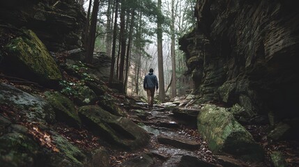 Fototapeta premium Solitary hiker progresses along a narrow, rocky trail winding between towering forest walls