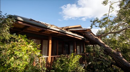 Fototapeta premium Large fallen tree trunk rests upon the damaged roof of a wooden dwelling outdoors