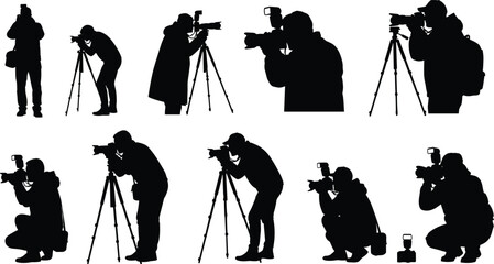 Silhouettes of photographers capturing moments with cameras and tripods diverse poses