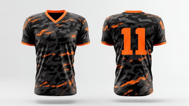 jersey mockup, front and back view, dark camo pattern with neon orange detailing, durable reinforced fabric, muscle-fit compression design