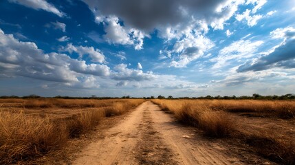 Fototapeta premium Unpaved rural track stretches through dry grassy terrain beneath a dramatic sky