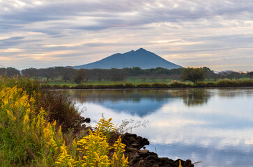 茨城県母子島遊水池の水面に映る朝焼けの筑波山