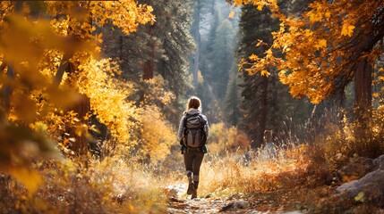 Obraz premium Solitary hiker walks along a sunlit trail surrounded by vibrant autumn foliage in a dense forest